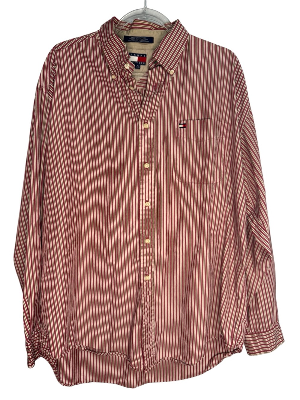 Vintage Tommy Hilfiger XL Red White Stripe Button-Down Shirt Flag Logo Cotton